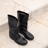 QIYUDUO 重工马皮黑色粗跟骑士靴女圆头中跟中筒靴复古百搭烟管靴