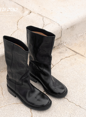 QIYUDUO 重工马皮黑色粗跟骑士靴女圆头中跟中筒靴复古百搭烟管靴