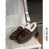 QUYUDUO 加绒软皮帆船鞋 老钱风羊羔毛乐福鞋 女平底圆头系带毛毛鞋