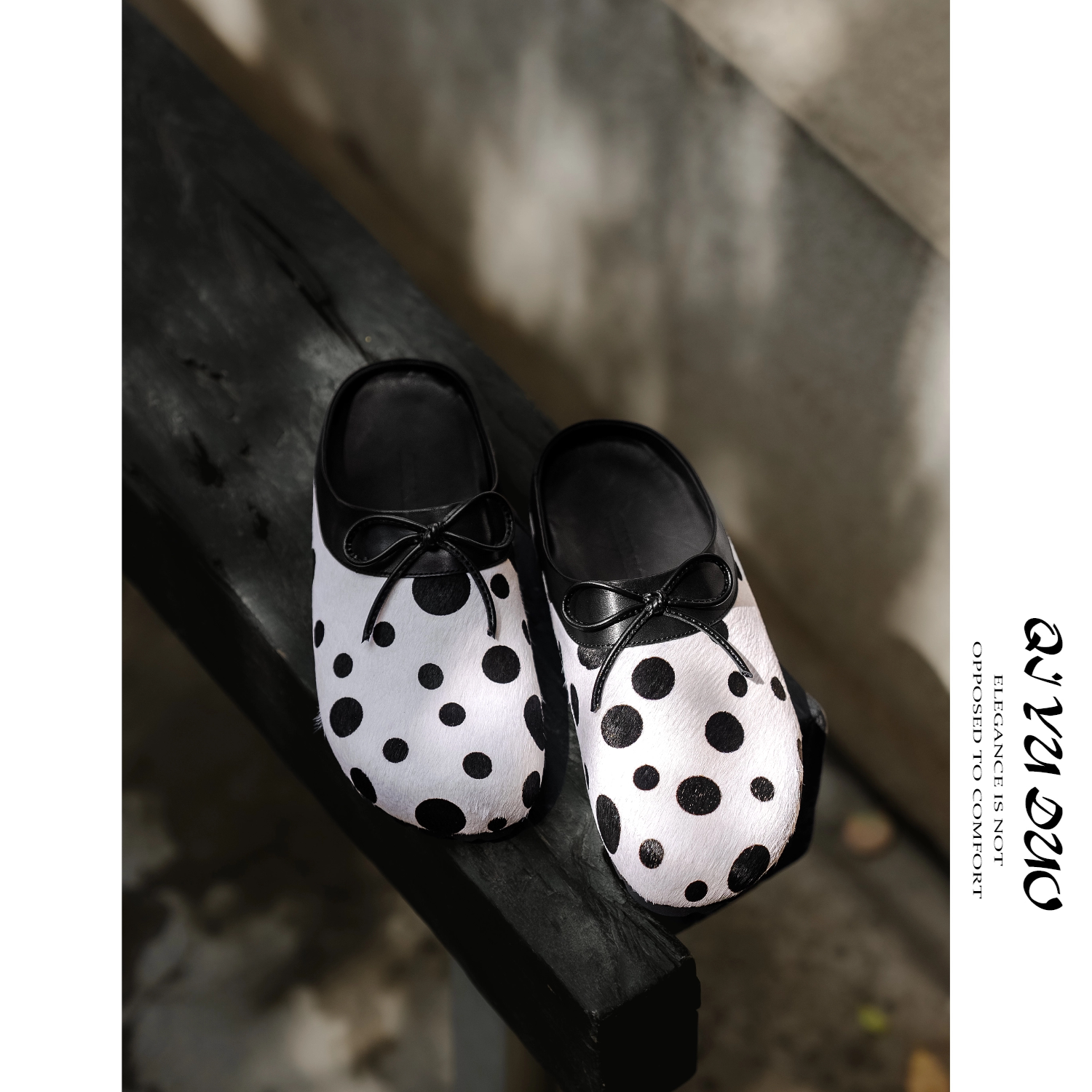 QIYUDUO 波点蝴蝶结勃肯拖女真皮马毛小众厚底外穿休闲穆勒半拖鞋