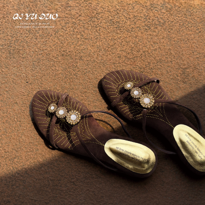 刺绣夹趾凉拖鞋女外穿高跟人字拖