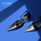 七与多 牛皮6cm2025春夏新款 尖头坡跟高跟凉鞋 T字带包头时装 鞋