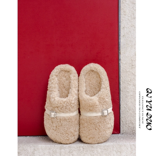 QIYUDUO 羊羔毛博肯鞋女秋冬厚底内增高毛毛拖外穿保暖加绒包头拖