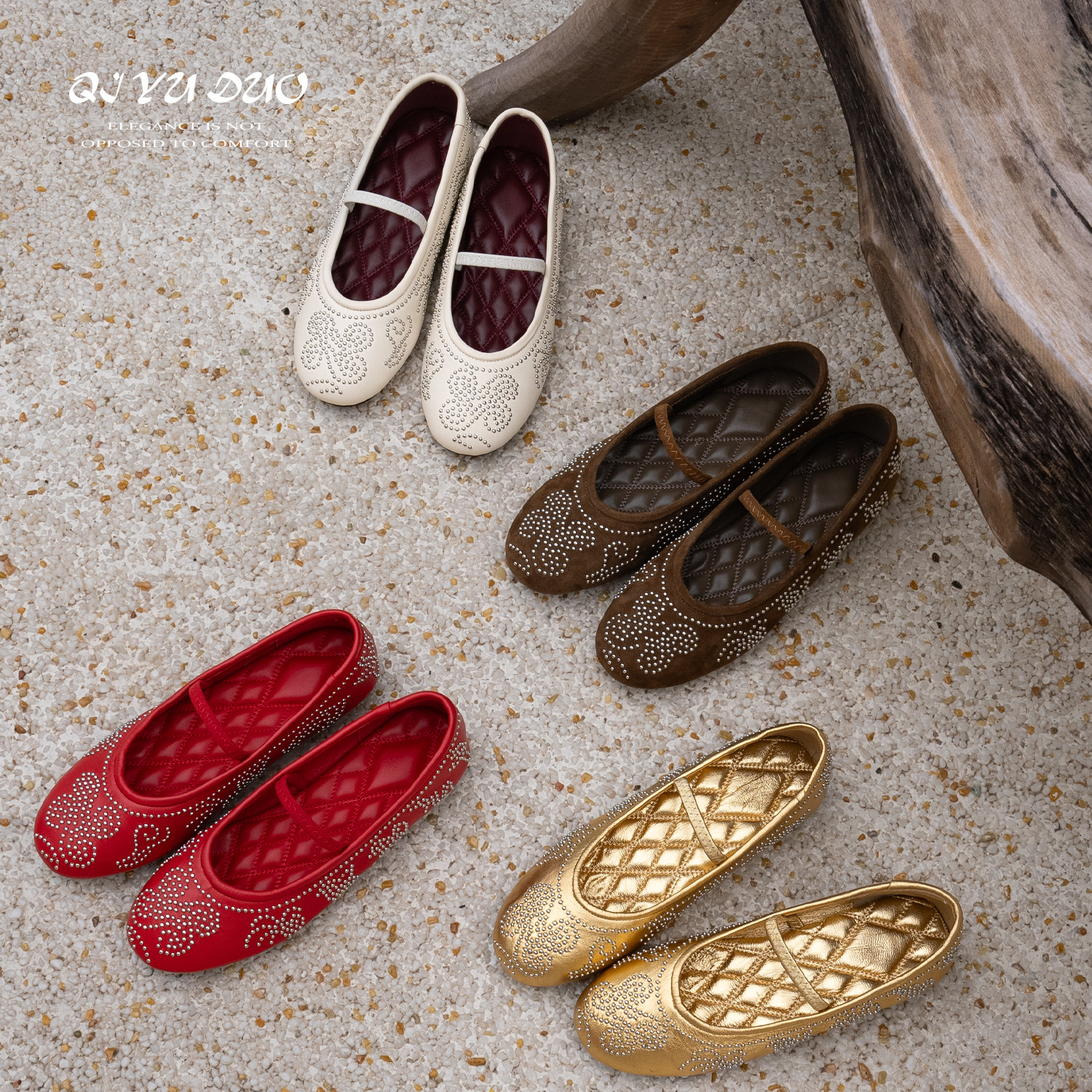 QIYUDUO | 巨软羊皮钉珠芭蕾舞奶奶鞋平底一字带玛丽珍浅口单鞋女,女鞋,浅口单鞋,淘宝优惠券,粉丝福利购,淘宝优惠卷