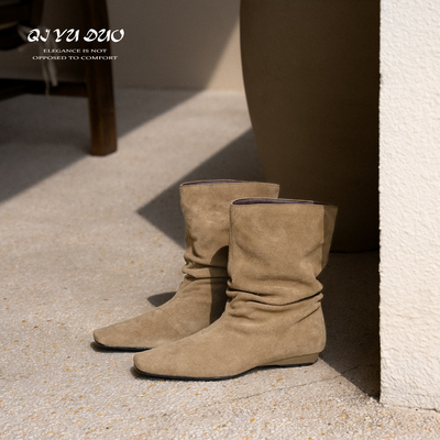 方头褶皱堆堆靴宽筒中筒靴女加绒