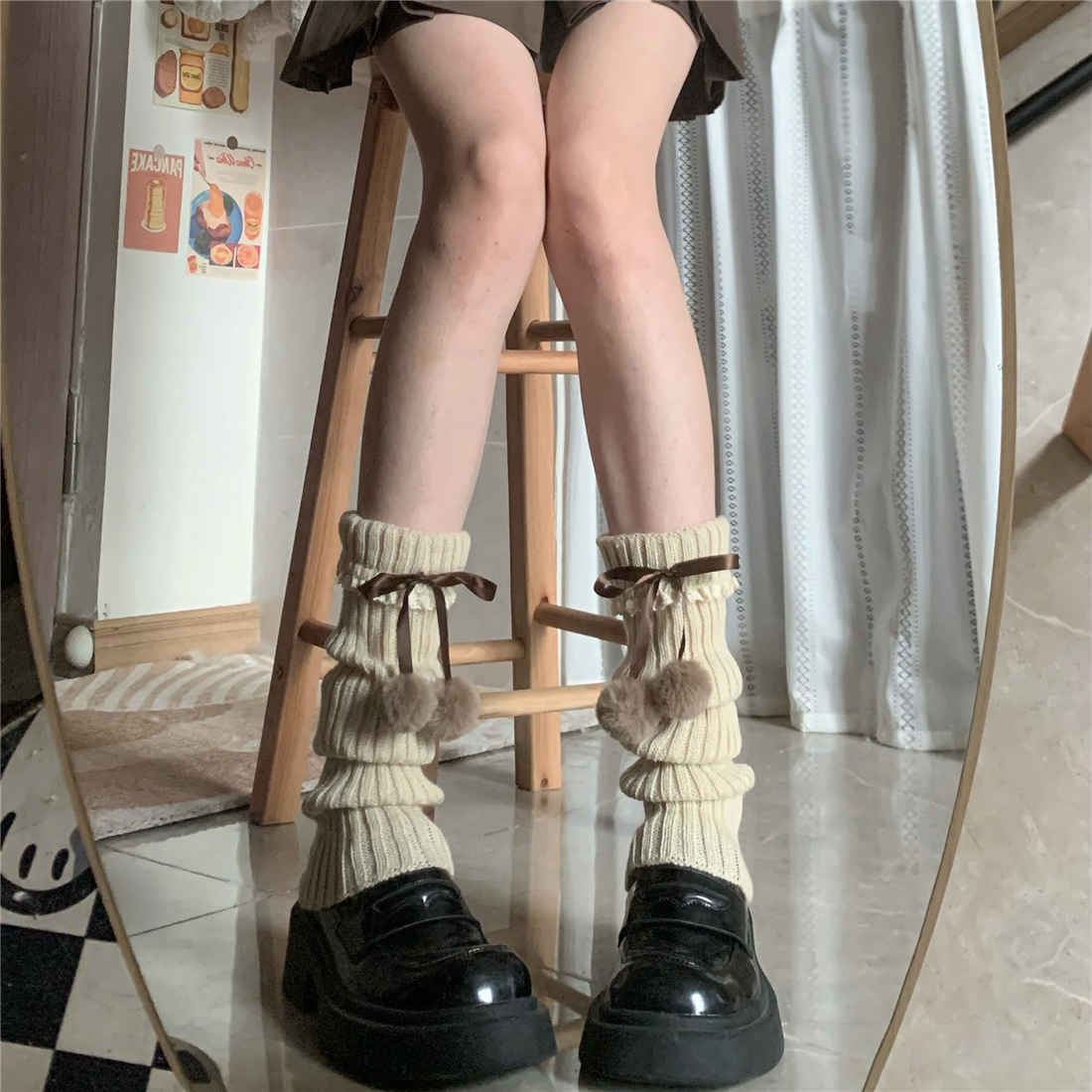 保暖女针织蕾丝花边毛球堆堆袜套