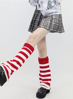 AY To films 圣诞红色针织袜套新年红堆堆袜保暖阔腿红白条纹腿套