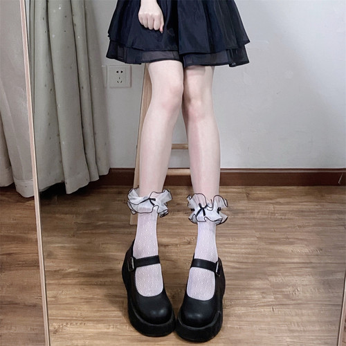 波点透明小腿袜花边蝴蝶结蕾丝袜