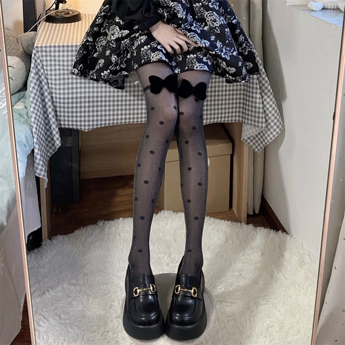 性感银丝波点蝴蝶结黑丝