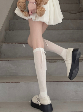 AY Tofilms春夏薄棉微透堆堆袜小腿袜芭蕾风后跟飘带蝴蝶结中筒袜