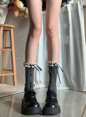 AY To films 灰色miu系坑条棉质中筒袜蕾丝花边蝴蝶结堆堆袜子女