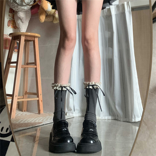 灰色miu系坑条棉质中筒袜蕾丝花边蝴蝶结堆堆袜子女 films