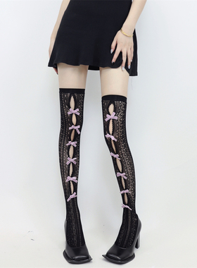 AYTo films设计师款手工镂空植绒蝴蝶结显瘦辣妹过膝袜蕾丝大腿袜
