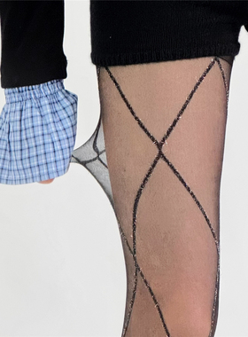 AY Tofilms春夏黑色丝袜性感复古亮丝超薄条纹金银丝大菱形格黑丝