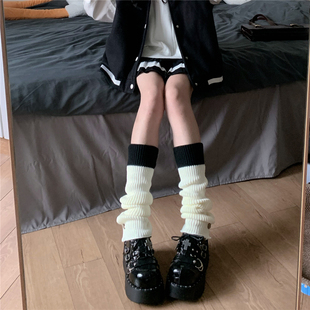复古美式 films 辣妹堆堆袜冬保暖纽扣腿套黑白拼色针织袜套