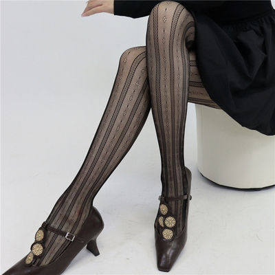 时髦性感显瘦连袜薄竖条织花网袜