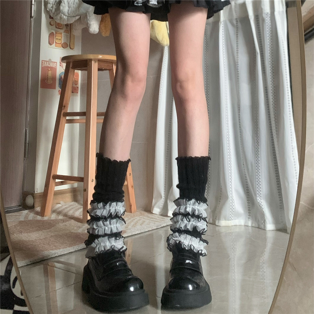 保暖女针织撞色花边堆堆袜套