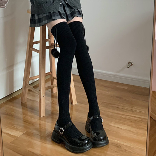 高筒棉麻花纹学院少女毛球大腿袜