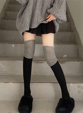 AY To films 黑灰过膝袜秋冬慵懒风拼色高筒袜显瘦棉叠长筒堆堆袜