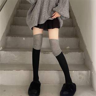 黑灰过膝袜秋冬慵懒风拼色高筒袜显瘦棉叠长筒堆堆袜 films