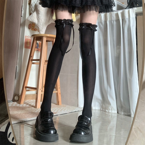 压皱花边甜酷飘带蝴蝶结过膝袜