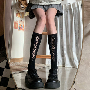 AYTofilms 甜酷少女堆堆袜黑色显瘦春夏镂空蕾丝花边绑带棉中筒袜