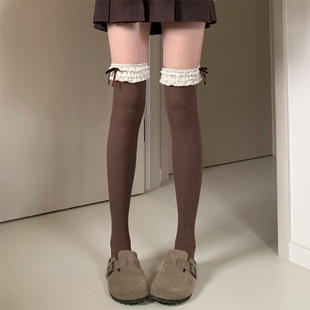 AYTofilms 糖炒栗子过膝袜秋冬咖色蕾丝花边蝴蝶结棉大腿长筒袜女