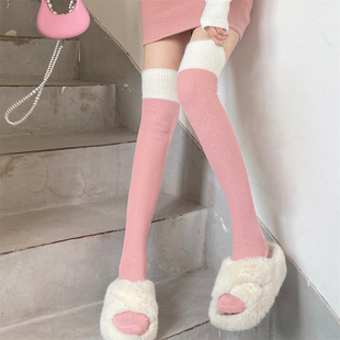 粉白拼接少女高筒袜秋冬仿水貂绒毛边拼色保暖过膝袜 films