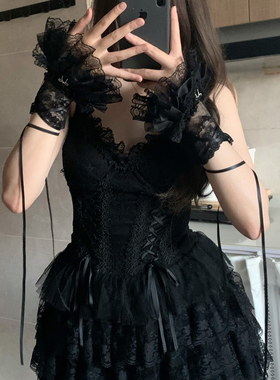 AYTofilms甜酷y2k辣妹黑色多层蛋糕蕾丝袖套夏薄款绑带花边手套袖