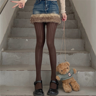 AYTofilms美拉德咖色镂空爱心连裤 袜秋冬miu系灰色显瘦时髦打底袜