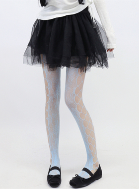 AY To films时髦博主蓝色镂空网袜侧面交叉绑带Y2K玫瑰蕾丝连裤袜