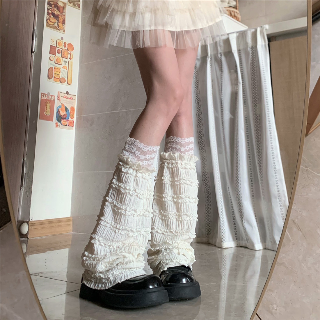 AYTofilms 洛丽塔泡泡褶皱阔腿袜套少女拼接网纱蕾丝边薄防晒腿套