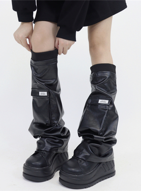 AY To films千禧y2k黑色皮质英文标签口袋小腿套显瘦辣妹潮酷袜套