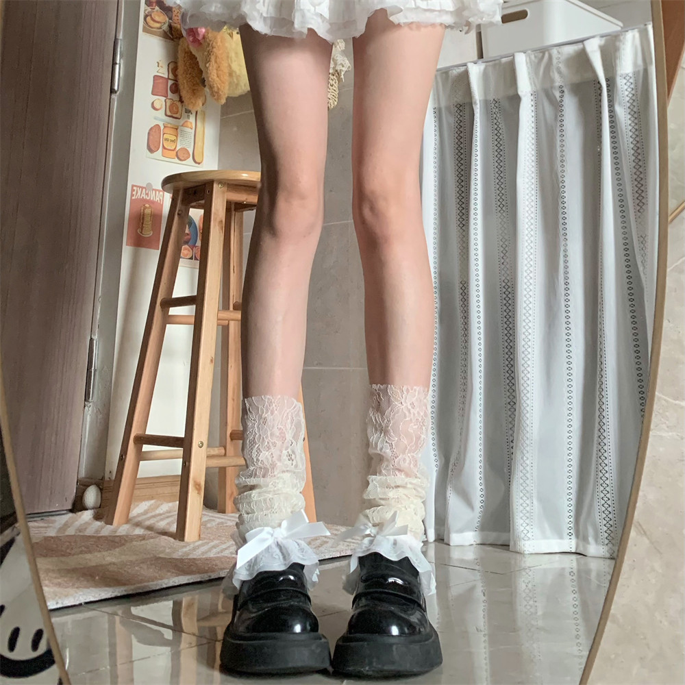 AY Tofilms夏季超薄蕾丝蝴蝶结花边白色堆堆袜套少女洛丽塔小腿套
