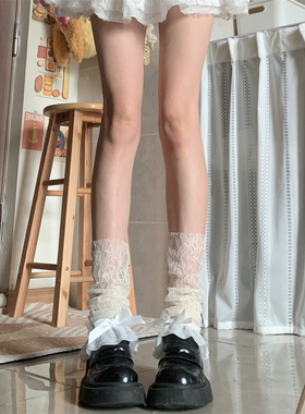 AY Tofilms夏季超薄蕾丝蝴蝶结花边白色堆堆袜套少女洛丽塔小腿套