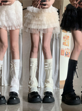 AYTofilms 洛丽塔木耳边微喇小腿套芭蕾风白色三个蝴蝶结堆堆袜套