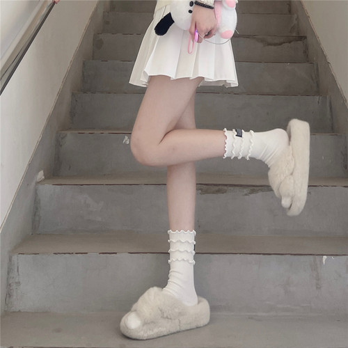 可爱少女秋冬木耳边字母标堆堆袜