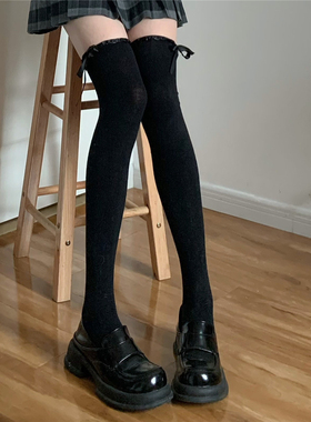 AY To films 黑色显瘦秋冬蝴蝶结花边过膝袜lolita可爱少女高筒袜