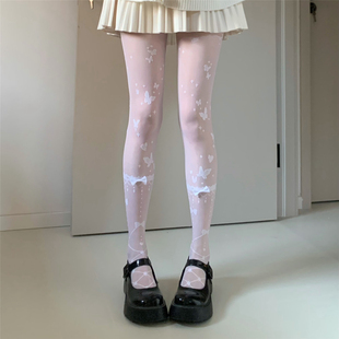 AYTofilms春夏可爱洛丽塔蝴蝶白色丝袜甜美印花丝袜超薄性感黑丝