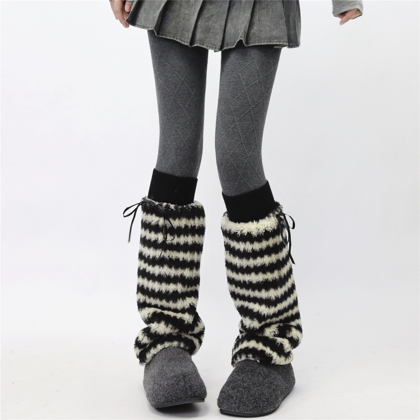 AYTofilms 时髦条纹辣妹腿套浣熊毛绒罗口秋冬保暖蝴蝶结少女袜套