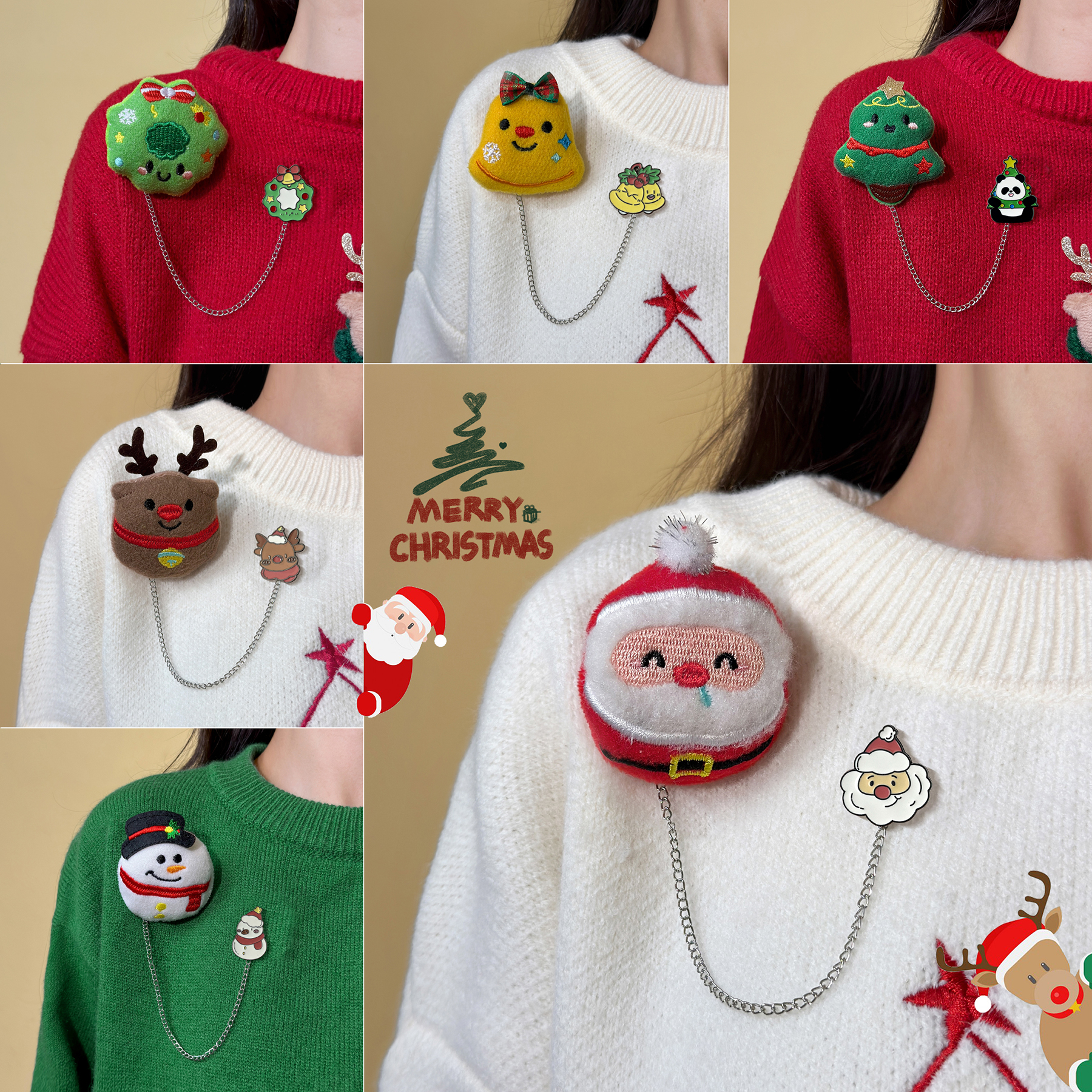 2025新款毛绒圣诞节胸针女可爱卡通圣诞老人雪人袜子别针衣服装饰