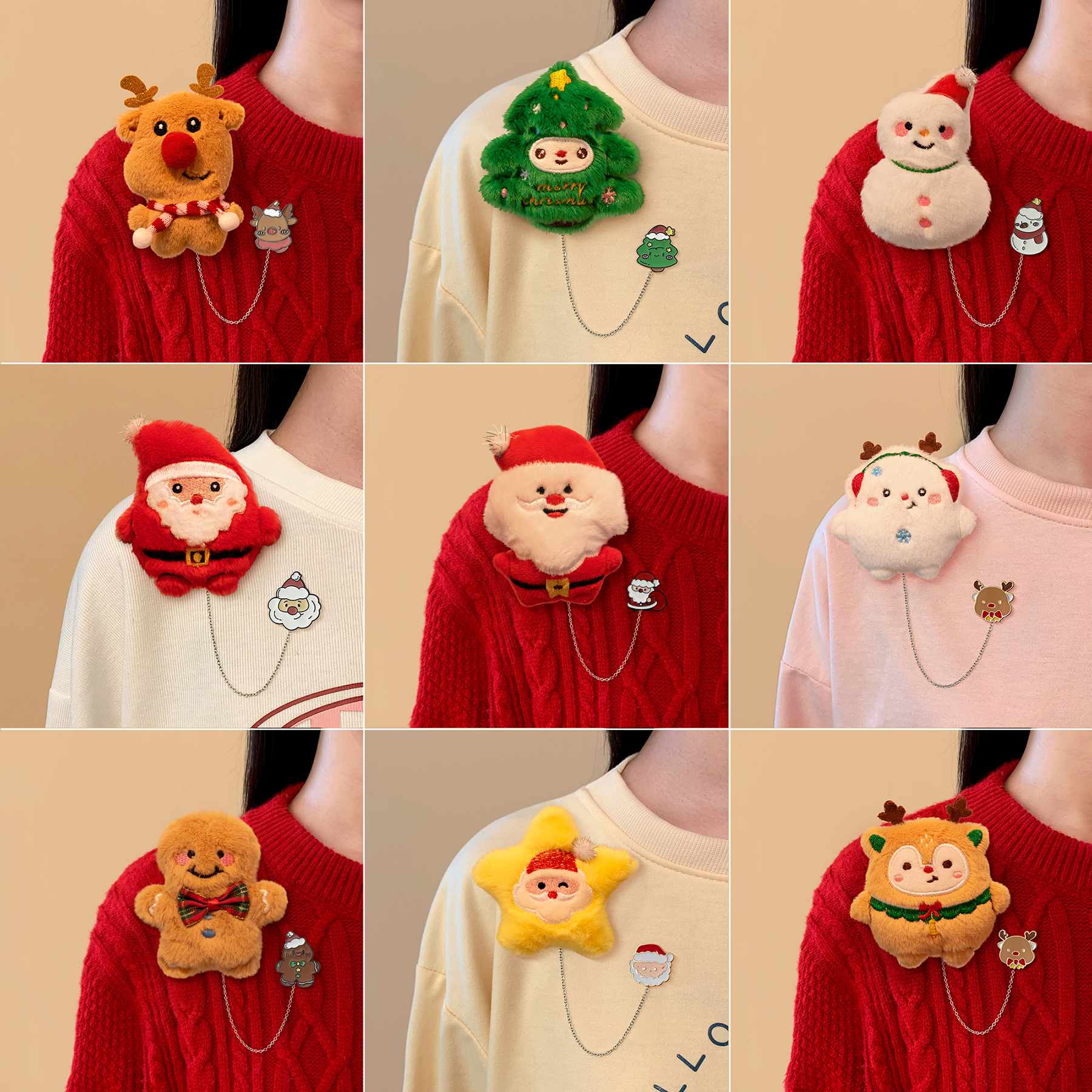 2025年新款圣诞节链条挂件毛绒胸针可爱麋鹿别针衣服配饰花环礼物