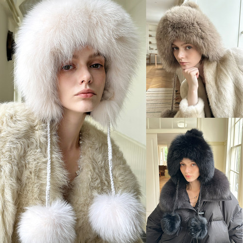 bella家『奶芙帽』BLMD 水貂编制拼接狐狸毛温暖显脸小可爱毛球帽