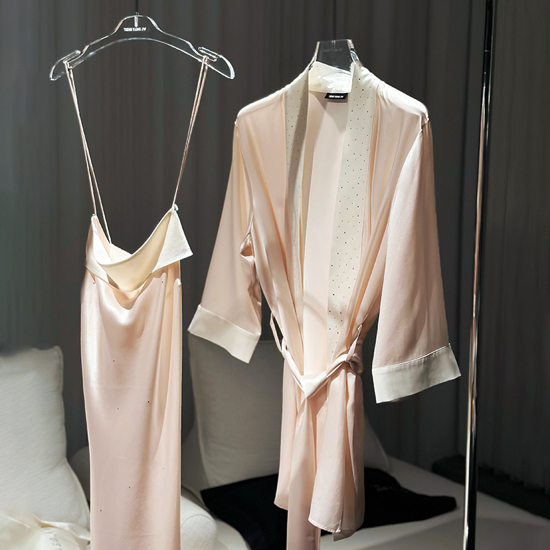 真丝女奢华拼色短裙睡袍