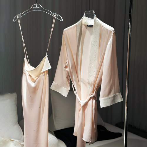 真丝女奢华拼色短裙睡袍