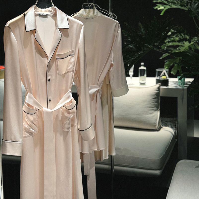 JW高奢真丝睡袍法式系带晨袍性感侧开叉超长版家居服丝绸睡衣浴袍