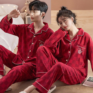 情侣睡衣女秋冬季开衫翻领长袖男红色韩版卡通宽松外穿家居服