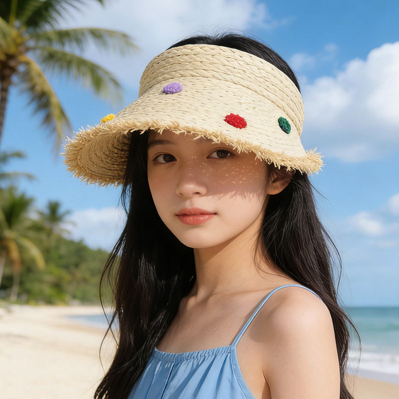 草编毛边空顶帽子女士夏季沙滩出游遮阳防晒帽发箍式防晒空顶帽子