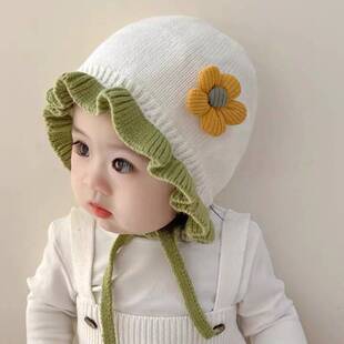 婴儿帽子款针织毛线帽女宝宝公主保暖冬季女童护耳套头帽大帽檐潮