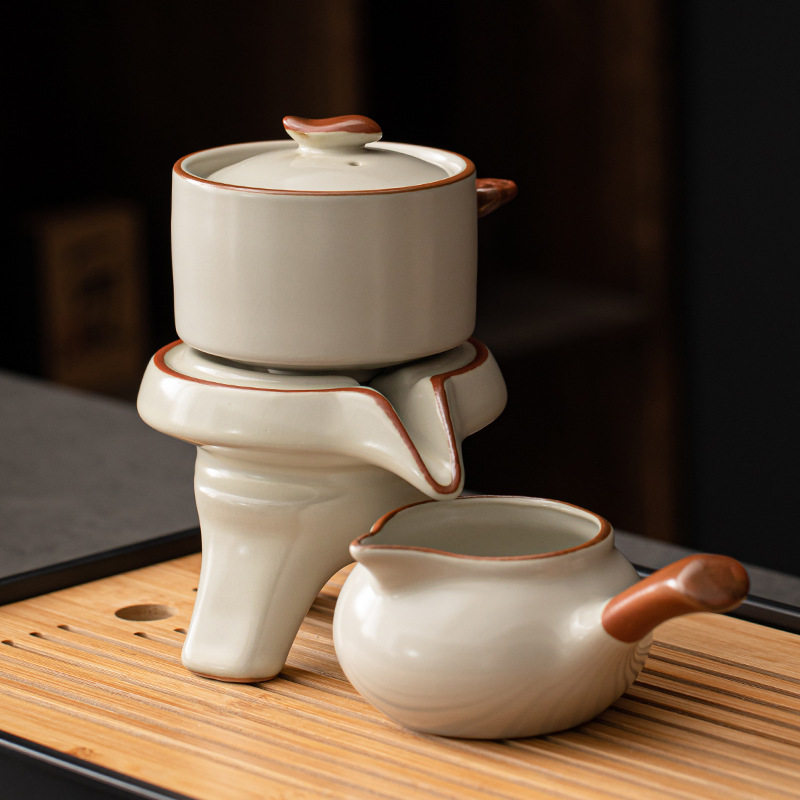 汝窑功夫茶具套装自动泡茶器懒人石磨旋转出水家用中式泡茶壶茶杯